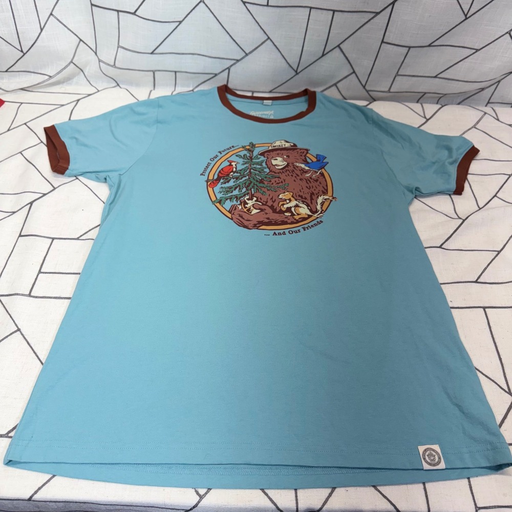 The Landmark Project Smokey Bear Ringer T-Shirt Large Blue Graphic Tee